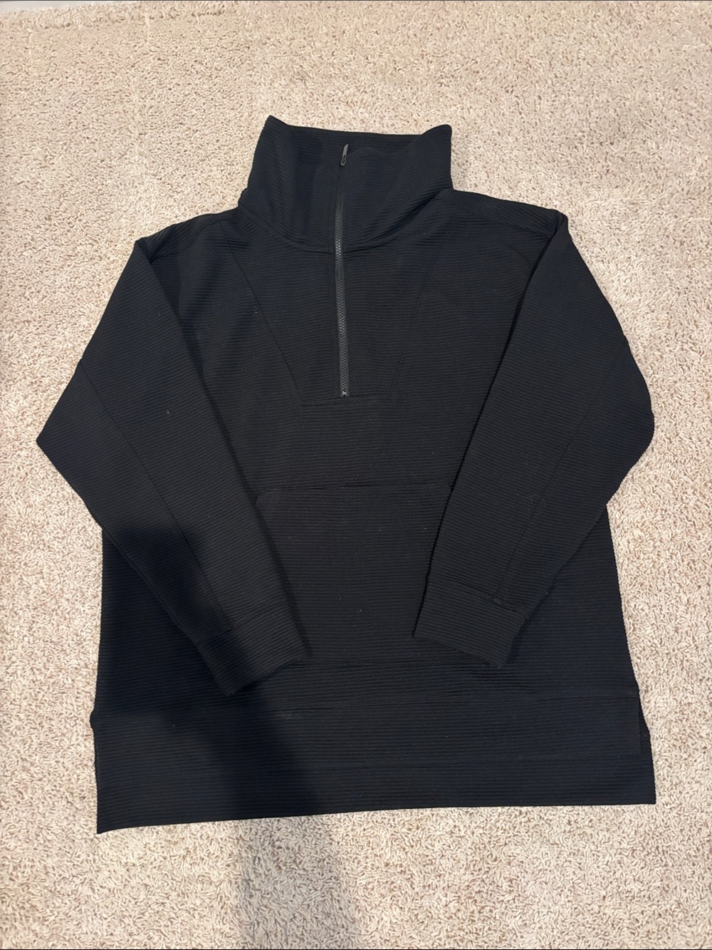 Zella Women’s Ribbed Black Quarter-Zip Pullover Sweatshirt hem shorter front